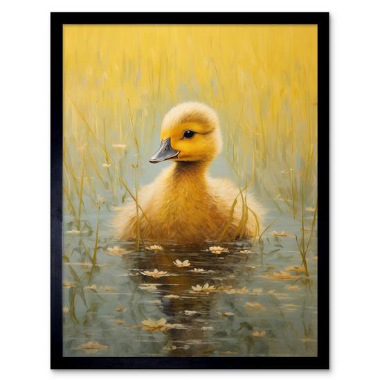 Artery8 Wall Art Print Cute Yellow Ducking in Countryside Pond Oil Painting Kids Bedroom Baby Duck Bright Artwork Art Framed 1