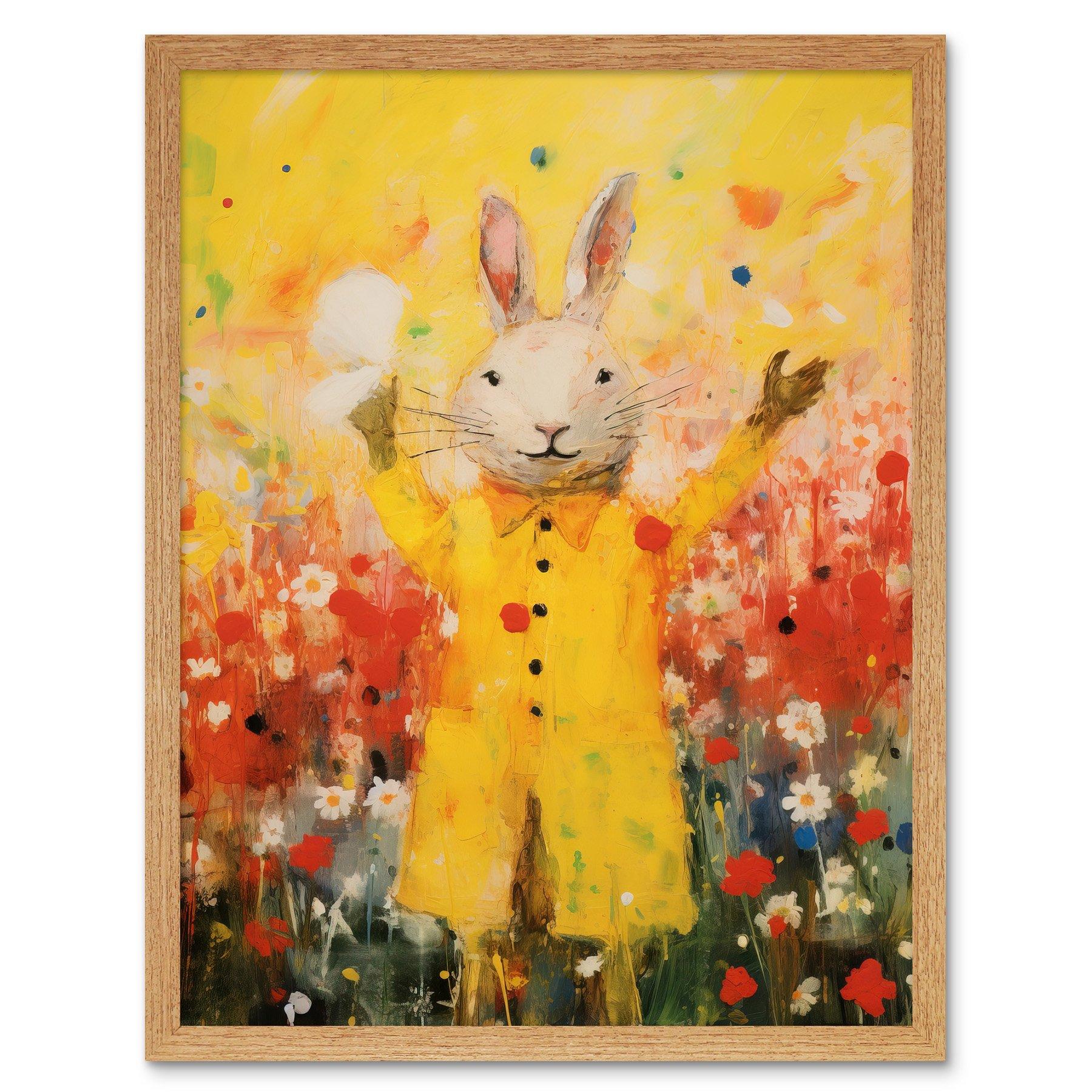 Rabbit in a Yellow Rain Mac Oil Painting Bright Floral Meadow Kids Bedroom Nursery Art Print Framed Poster Wall Decor 12x16 inch
