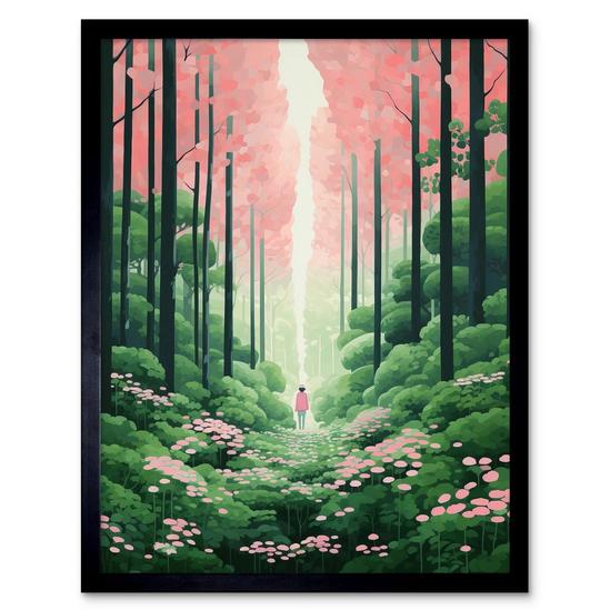 Artery8 Wall Art Print Mount Yoshino Cherry Blossom Tree Forest Bright Artwork Baby Pink Green Walk in Nature Trail Art Framed 1