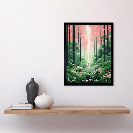 Artery8 Wall Art Print Mount Yoshino Cherry Blossom Tree Forest Bright Artwork Baby Pink Green Walk in Nature Trail Art Framed 2