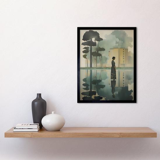 Artery8 Wall Art Print Reflecting and Reflection of Calm Artwork Modern Simple Calming Soft Painting Flat Lake Trees Art Framed 2