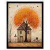 Artery8 Wall Art Print Country House Autumn Tree Oil Painting Orange Brown Bicycle on Fence Rural Life Art Framed thumbnail 1