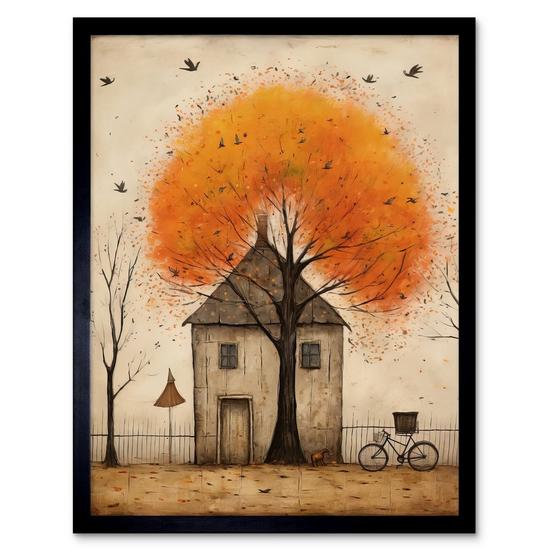 Artery8 Wall Art Print Country House Autumn Tree Oil Painting Orange Brown Bicycle on Fence Rural Life Art Framed 1