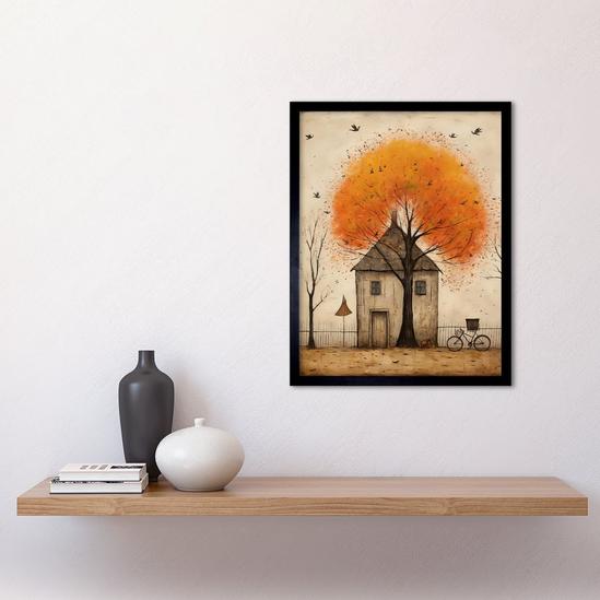 Artery8 Wall Art Print Country House Autumn Tree Oil Painting Orange Brown Bicycle on Fence Rural Life Art Framed 2