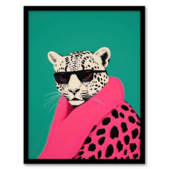 Wee Blue Coo Wall Art Print Fashion Cheetah Vibrant Teal Hot Pink Colour Block Fun Bold Animal Portrait Art Framed 1