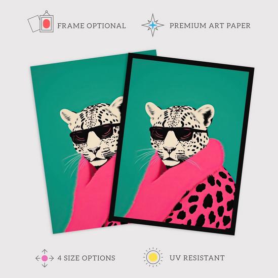 Wee Blue Coo Wall Art Print Fashion Cheetah Vibrant Teal Hot Pink Colour Block Fun Bold Animal Portrait Art Framed 2