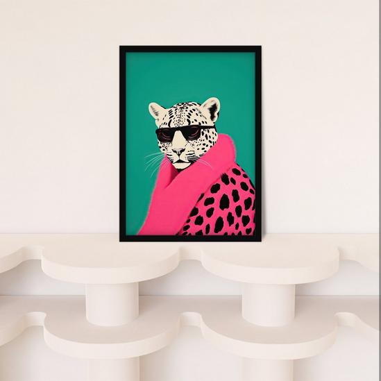 Wee Blue Coo Wall Art Print Fashion Cheetah Vibrant Teal Hot Pink Colour Block Fun Bold Animal Portrait Art Framed 4