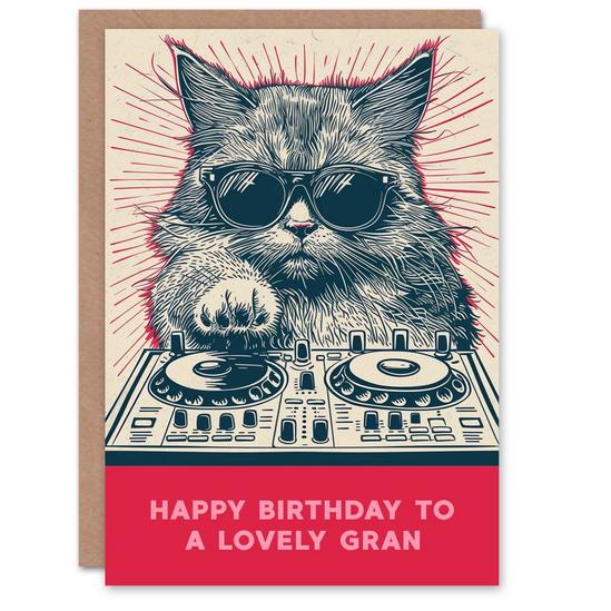 Artery8 Gran Happy Birthday Card DJ Moggie Retro Cool Cat On Decks Fun Funny For Her Greeting Card 1