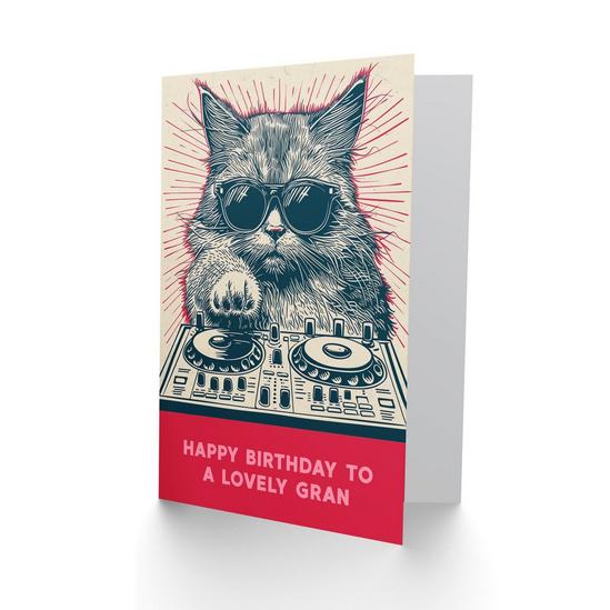 Artery8 Gran Happy Birthday Card DJ Moggie Retro Cool Cat On Decks Fun Funny For Her Greeting Card 2