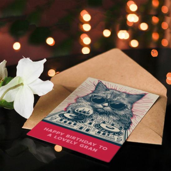 Artery8 Gran Happy Birthday Card DJ Moggie Retro Cool Cat On Decks Fun Funny For Her Greeting Card 4