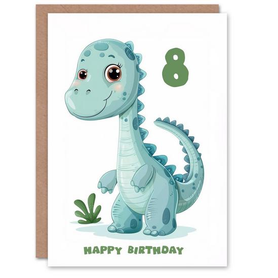 Artery8 8th Birthday Card Cute Blue Baby Dinosaur Cartoon Kids Age 8 Year Old Child For Son Daughter Girl Boy Happy Card 1