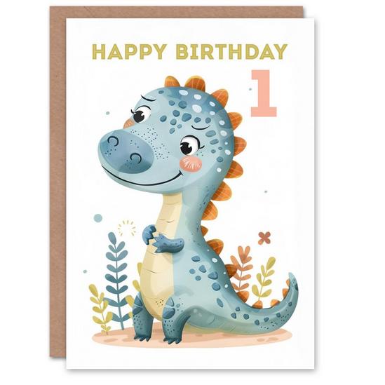Artery8 1st Birthday Card Cute Blue Dinosaur Cartoon Drawing Fun Kids Age 1 Year Old Child For Son Daughter Girl Boy Happy Card 1