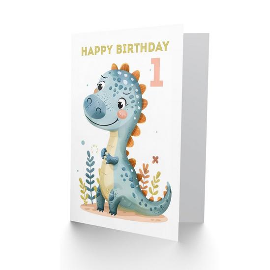 Artery8 1st Birthday Card Cute Blue Dinosaur Cartoon Drawing Fun Kids Age 1 Year Old Child For Son Daughter Girl Boy Happy Card 2