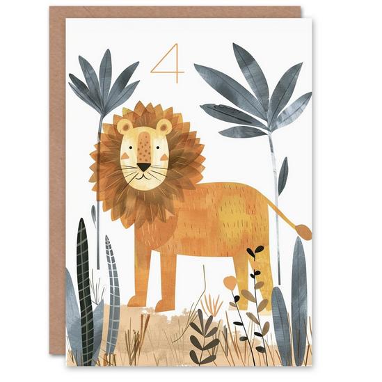 Artery8 4th Birthday Card Cute Jungle Lion Fun Drawing Kids Age 4 Year Old Child For Son Daughter Girl Boy Happy Card 1