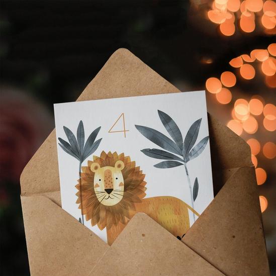 Artery8 4th Birthday Card Cute Jungle Lion Fun Drawing Kids Age 4 Year Old Child For Son Daughter Girl Boy Happy Card 3