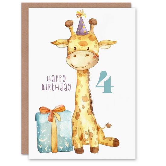 Artery8 4th Birthday Card Cute Baby Giraffe in Party Hat Cartoon Kids Age 4 Year Old Child For Son Daughter Girl Boy Happy Card 1
