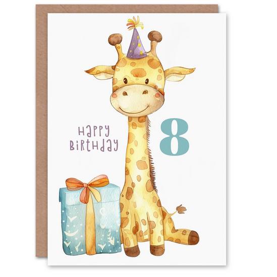 Artery8 8th Birthday Card Cute Baby Giraffe in Party Hat Cartoon Kids Age 8 Year Old Child For Son Daughter Girl Boy Happy Card 1