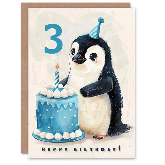 Artery8 3rd Birthday Card Cute Baby Penguin Cake Cartoon Kids Age 3 Year Old Child For Son Daughter Girl Boy Happy Card 1
