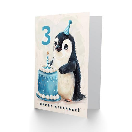 Artery8 3rd Birthday Card Cute Baby Penguin Cake Cartoon Kids Age 3 Year Old Child For Son Daughter Girl Boy Happy Card 2