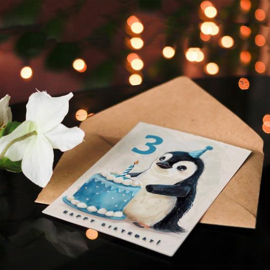 Artery8 3rd Birthday Card Cute Baby Penguin Cake Cartoon Kids Age 3 Year Old Child For Son Daughter Girl Boy Happy Card 4