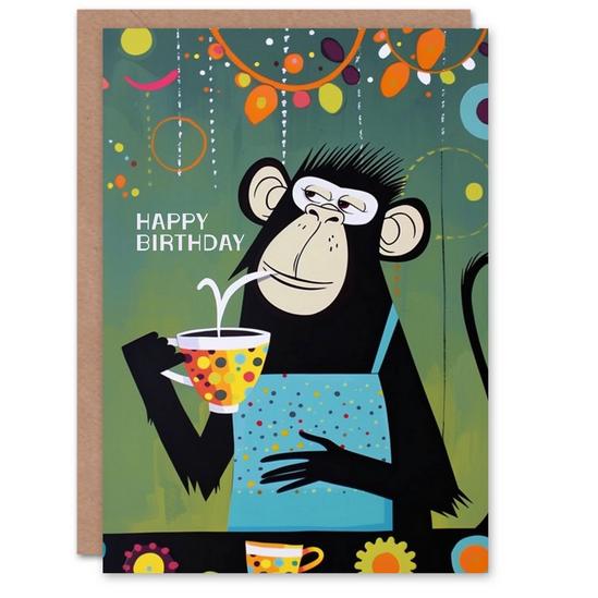 Artery8 Artery8 Birthday Card Chimp in Apron Tea Coffee Fun Quirky For Him Dad Brother Son Papa Grandad Greeting Card 1
