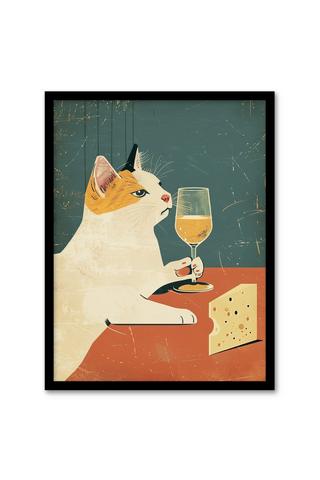 Product Wall Art Print Cat Drinking Glass of Wine with Cheese Painting Art Framed Poster Black