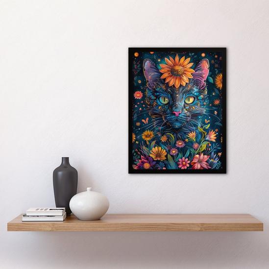 Artery8 Wall Art Print Mystic Cat in Flowers Hippy Night Abstract Animal Art Framed Poster 4