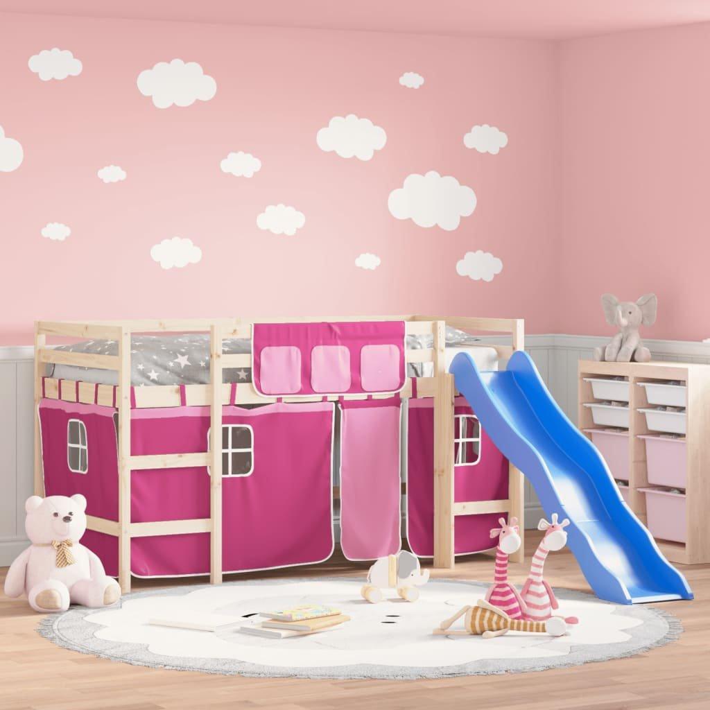 Kids' Loft Bed with Curtains Pink 80x200 cm Solid Wood Pine
