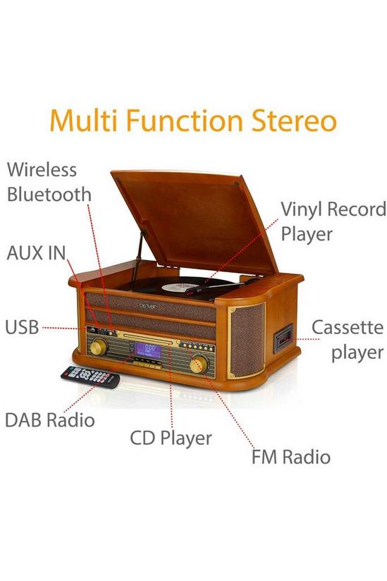 Denver 9-in-1 Retro Vintage Wooden Record Player with Speakers & Bluetooth 3 Speed Vinyl & Cassette with CD Player, DAB+ Radio 4