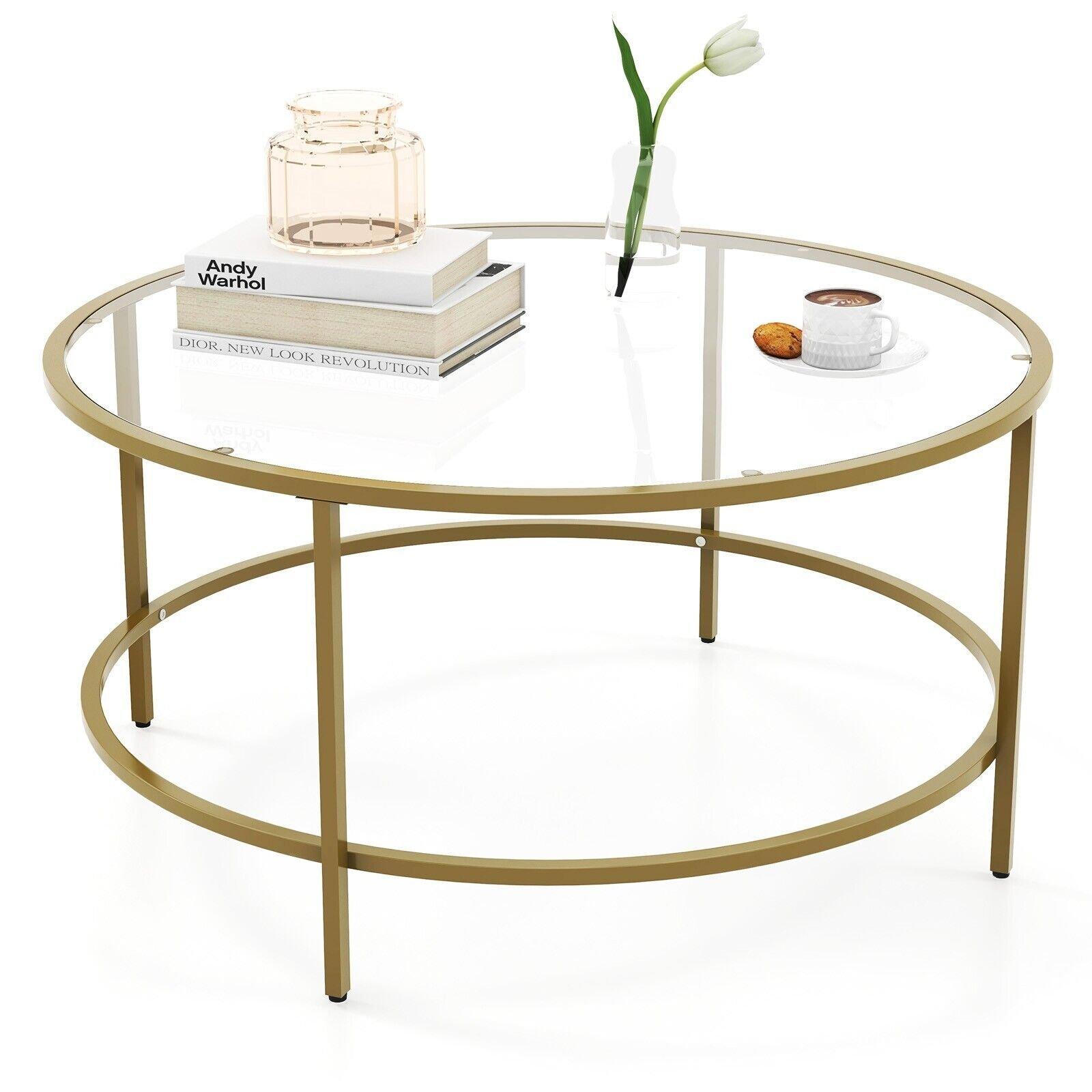 Round Coffee Table Tempered Glass Top Metal Center Snack Tea Cocktail Table