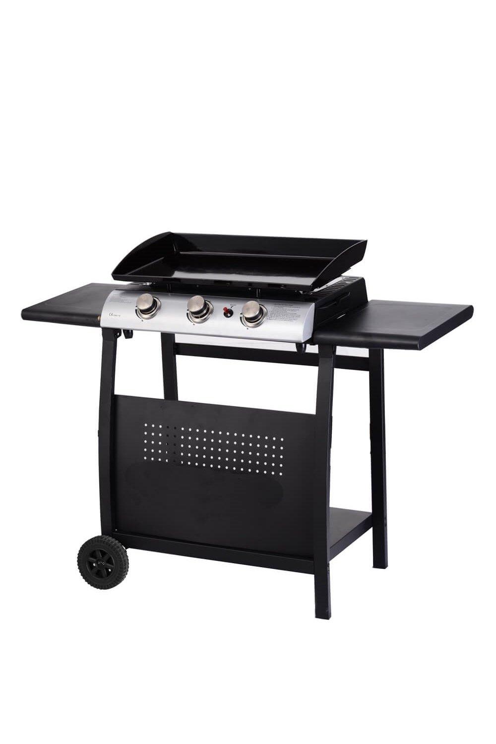 Gas BBQ 3 Burner Plancha in Stainless Steel with Stand and Side Tables