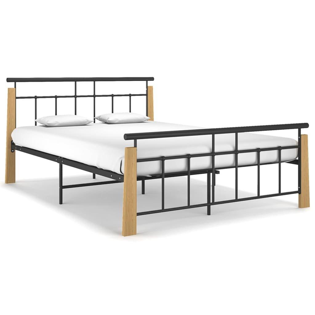 Bed Frame Metal and Solid Oak Wood 140x200 cm