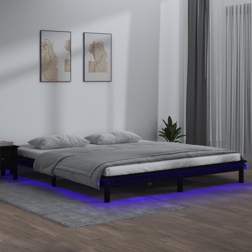 LED Bed Frame Black 150x200 cm King Size Solid Wood