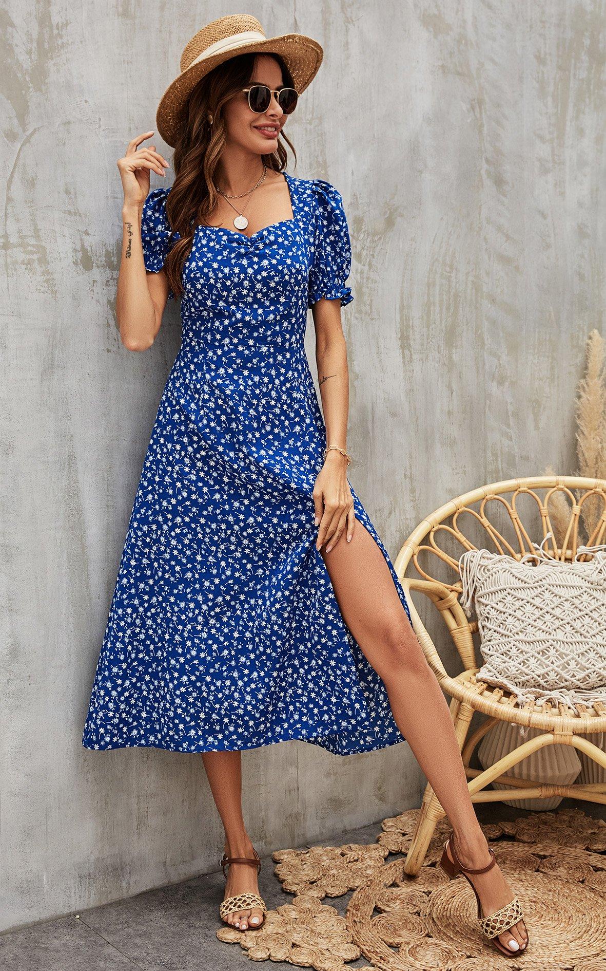 Tie Front Slip Leg Dress In Blue With White Flora Print