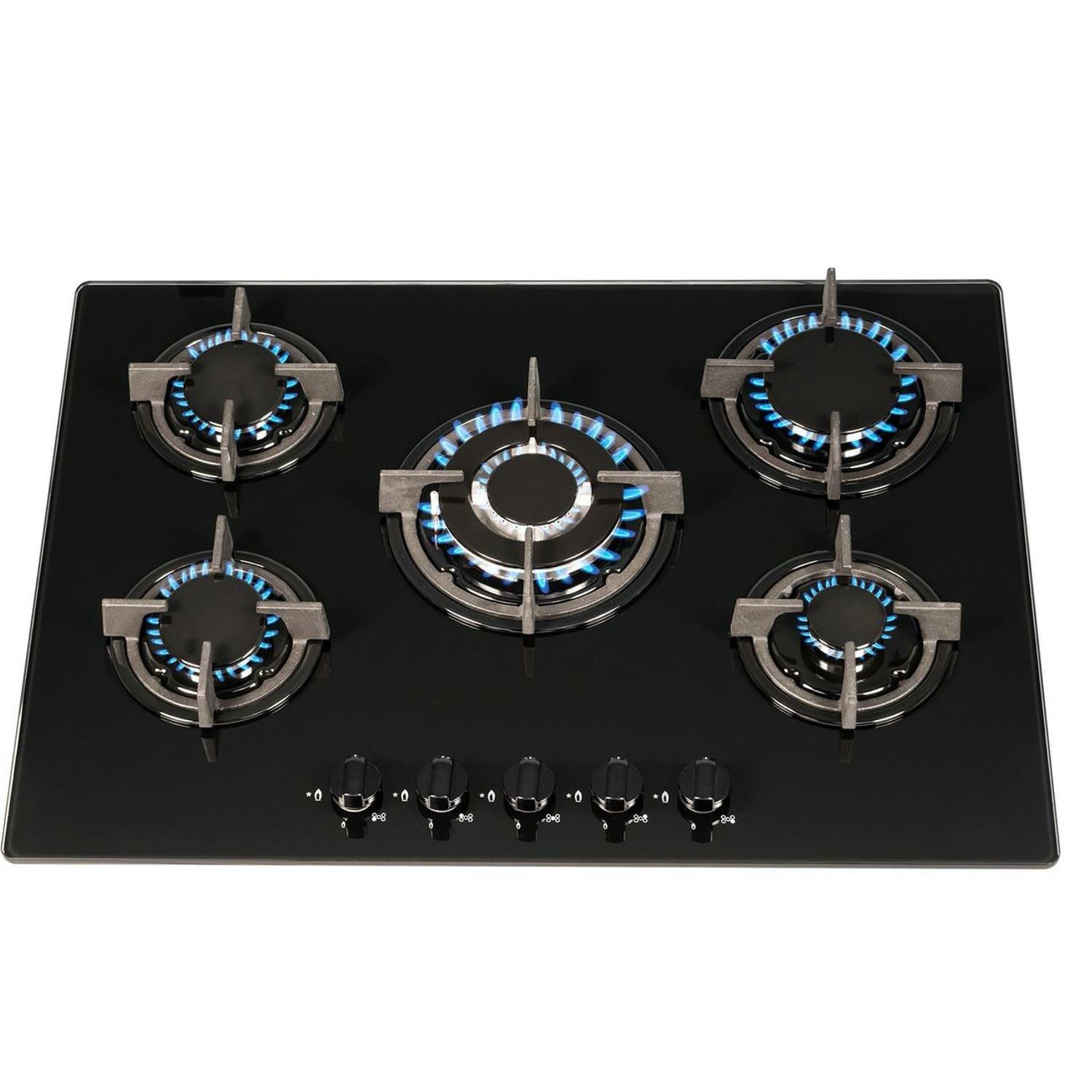 70cm Black 5 Burner Gas On Glass Hob With Cast Iron Pan Stands- GHG703BL
