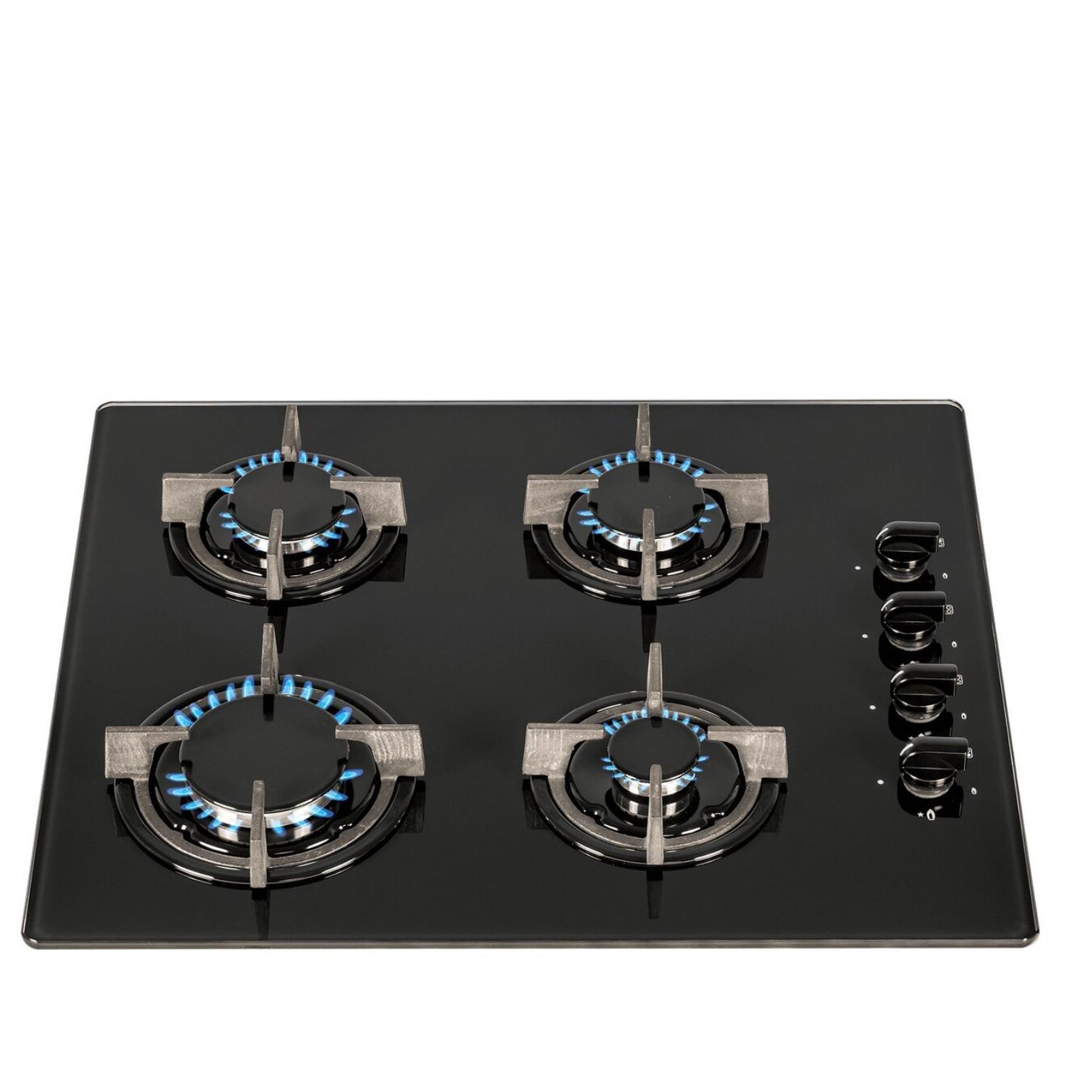 60cm 4 Burner Gas On Glass Hob In Black With Cast Iron Pan Stands- GHG602BL