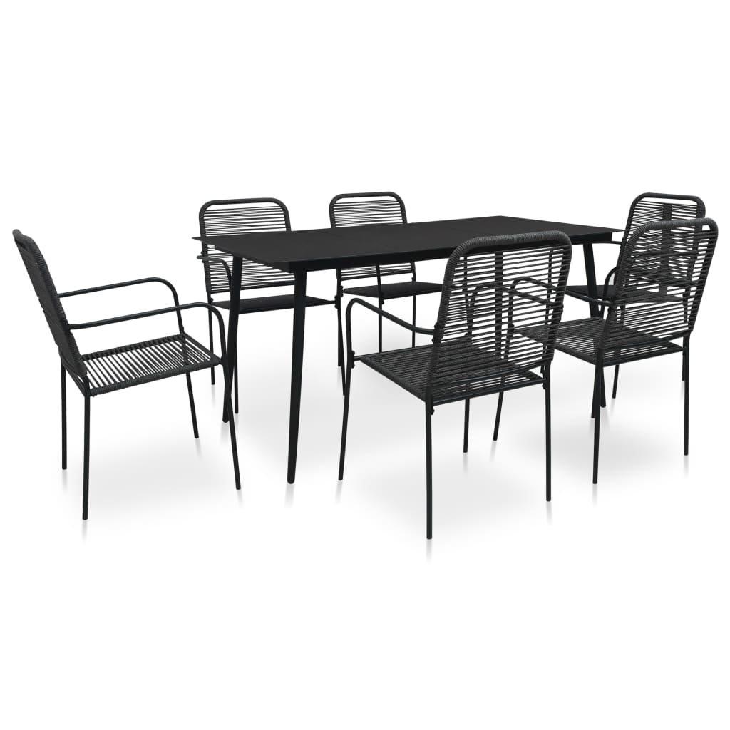 7 Piece Garden Dining Set Cotton Rope and Steel Black