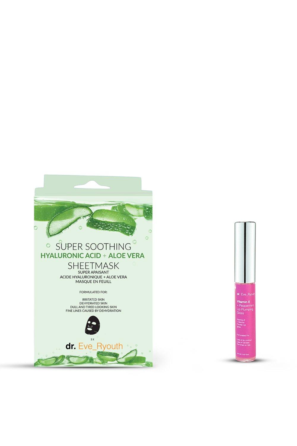 super soothing hyaluronic acid aloe vera sheet mask  + vitamin e and peppermint lip plumps 8ml
