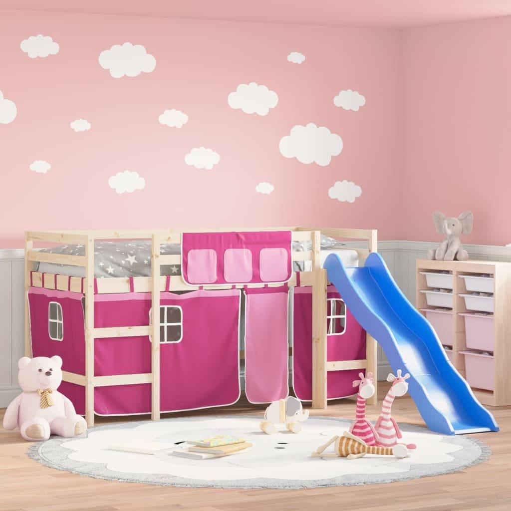 Kids' Loft Bed with Curtains Pink 90x200 cm Solid Wood Pine