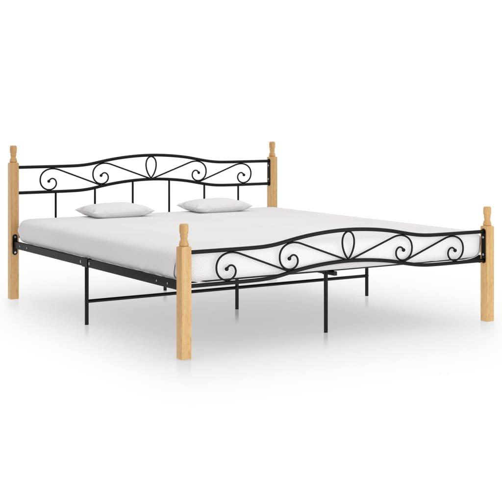 Bed Frame Black Metal and Solid Oak Wood 200x200 cm