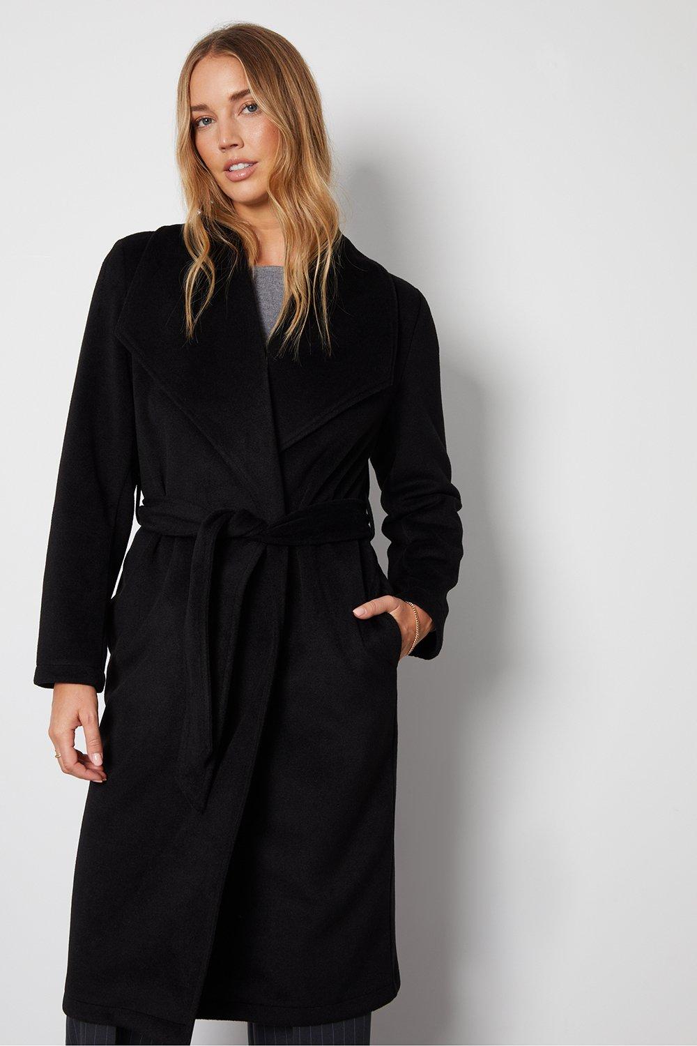 Longline Faux Leather Belted Coat in Black - Roman Originals UK