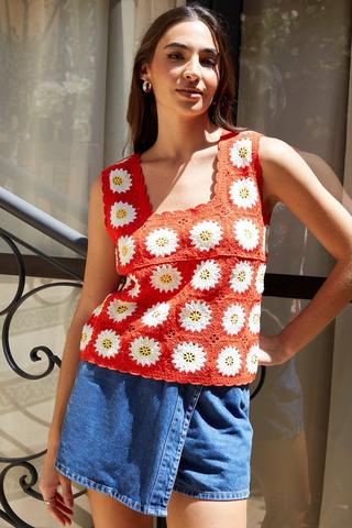 Product 'Daffodil' Floral Crochet Knitted Vest Red