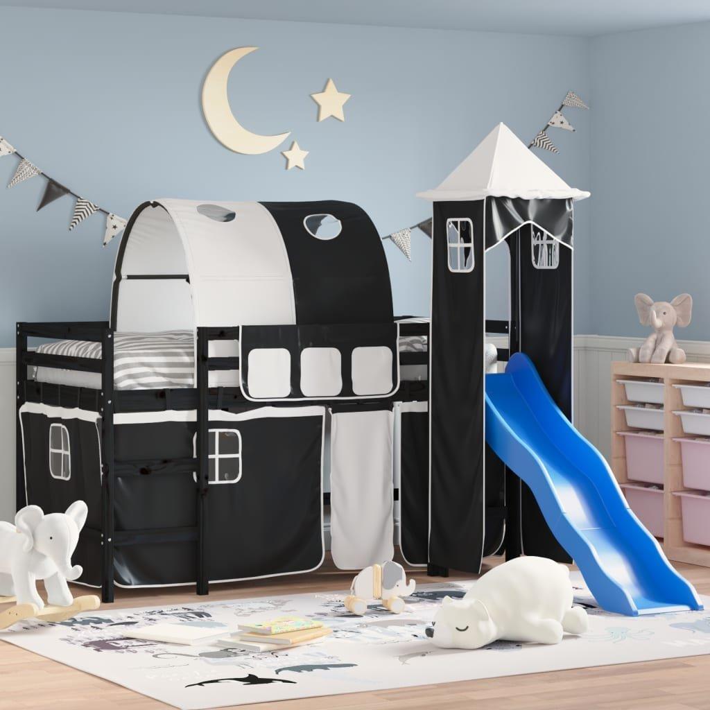 Kids' Loft Bed with Tower White&Black 90x190cm Solid Wood Pine