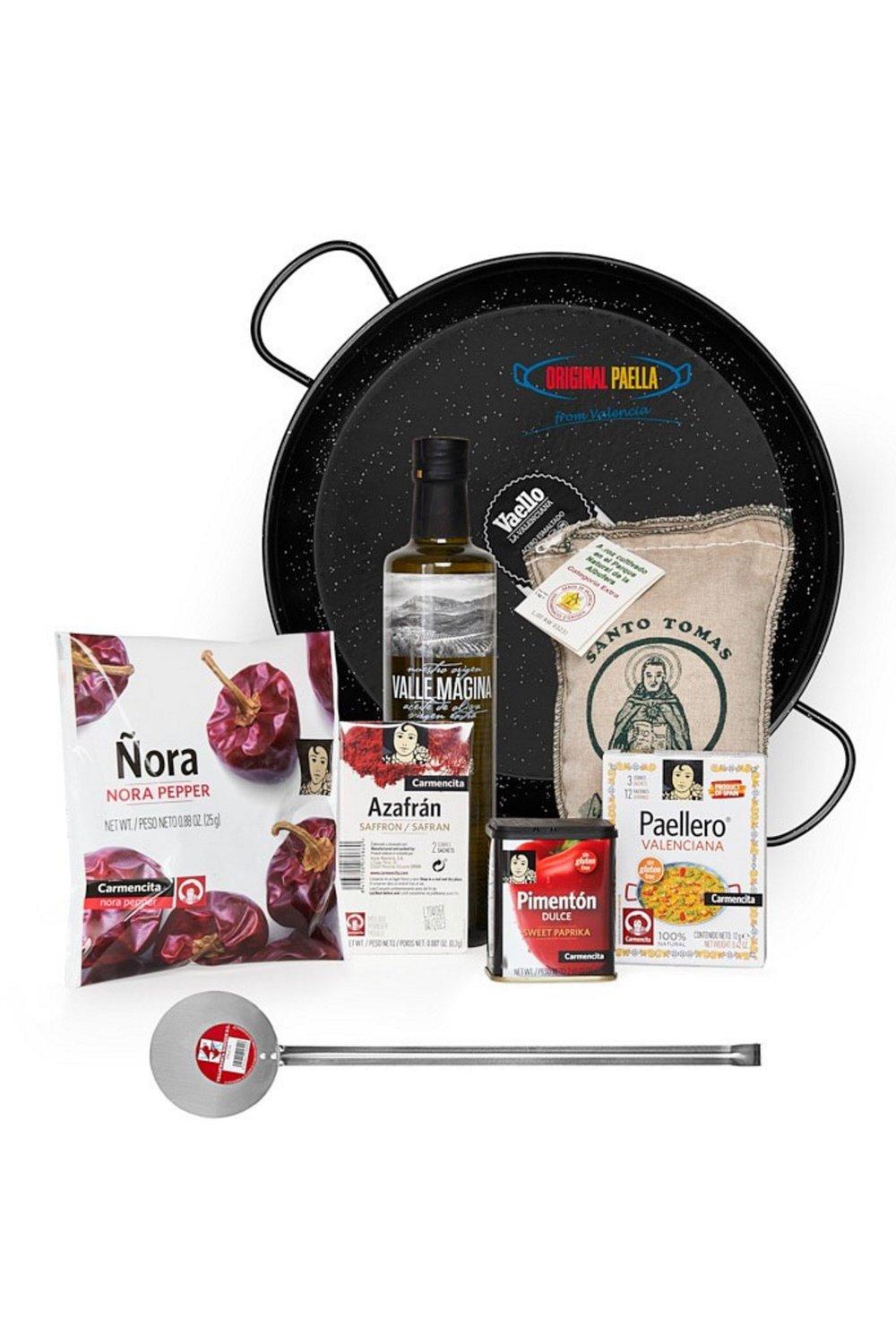 Complete Paella Starter Set with 36cm Enamelled Paella Pan, Olive Oil, Spoon, Paprika, Paella Spices