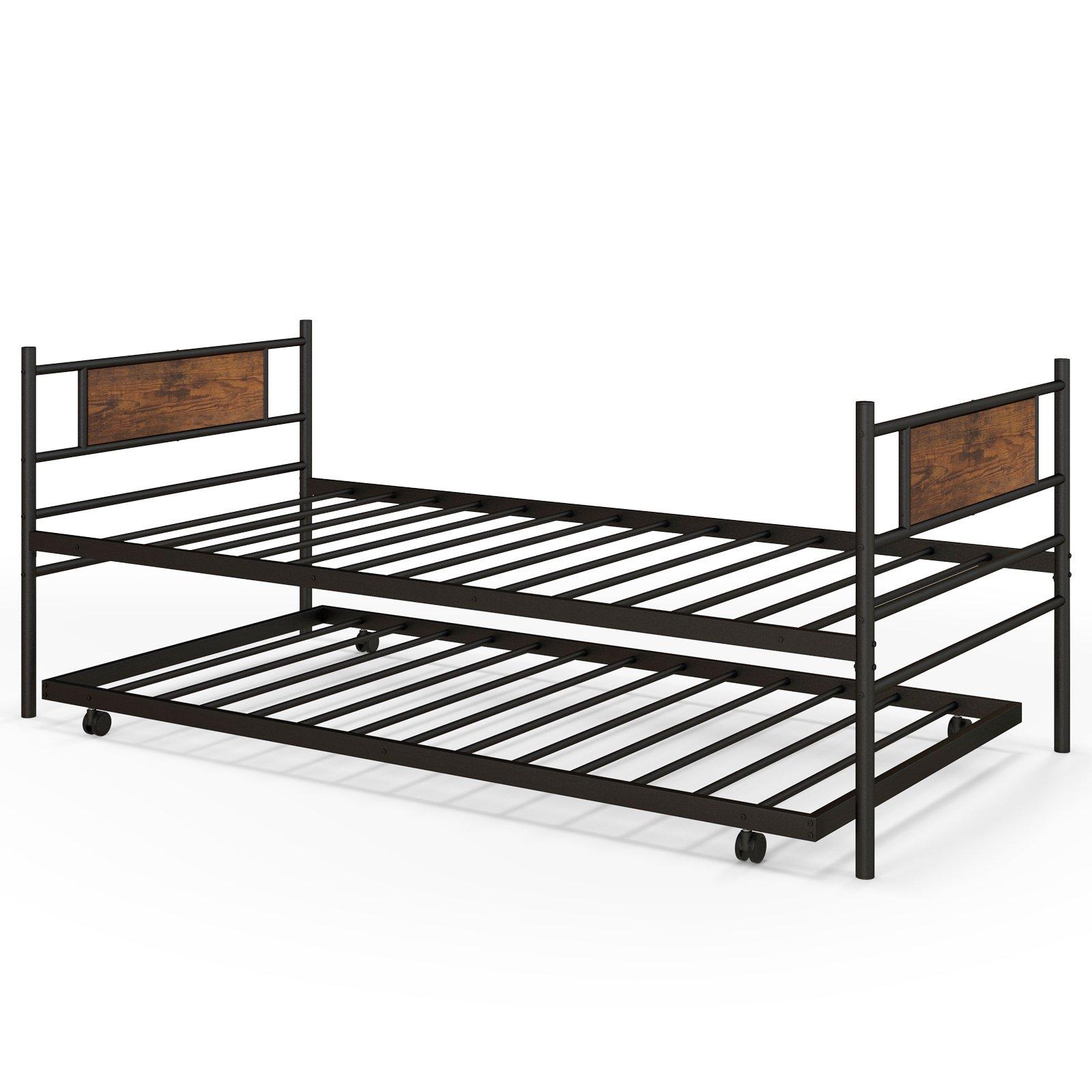 Single Metal Daybed Sofa Bed Dual-use Guest Bed W/ Pull-out Trundle Space Saving