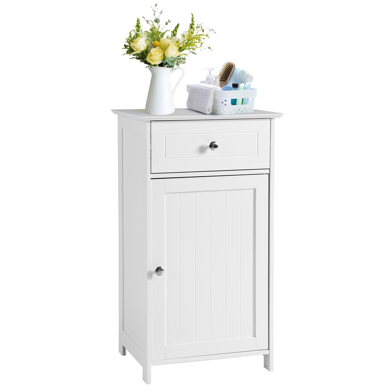 Bathroom Floor Cabinet Wood Storage Organizer Adjustable Shelves W/ Drawer Door