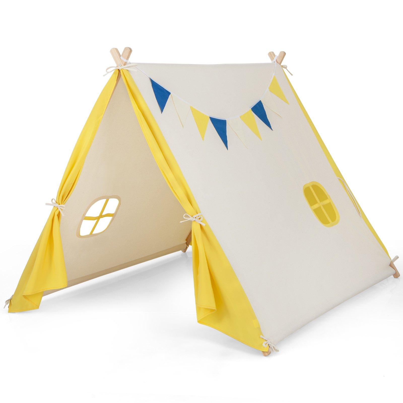 Kids Play Tent Cotton Canvas Playhouse Toddler Castle Tent W/ Solid Wood Frame