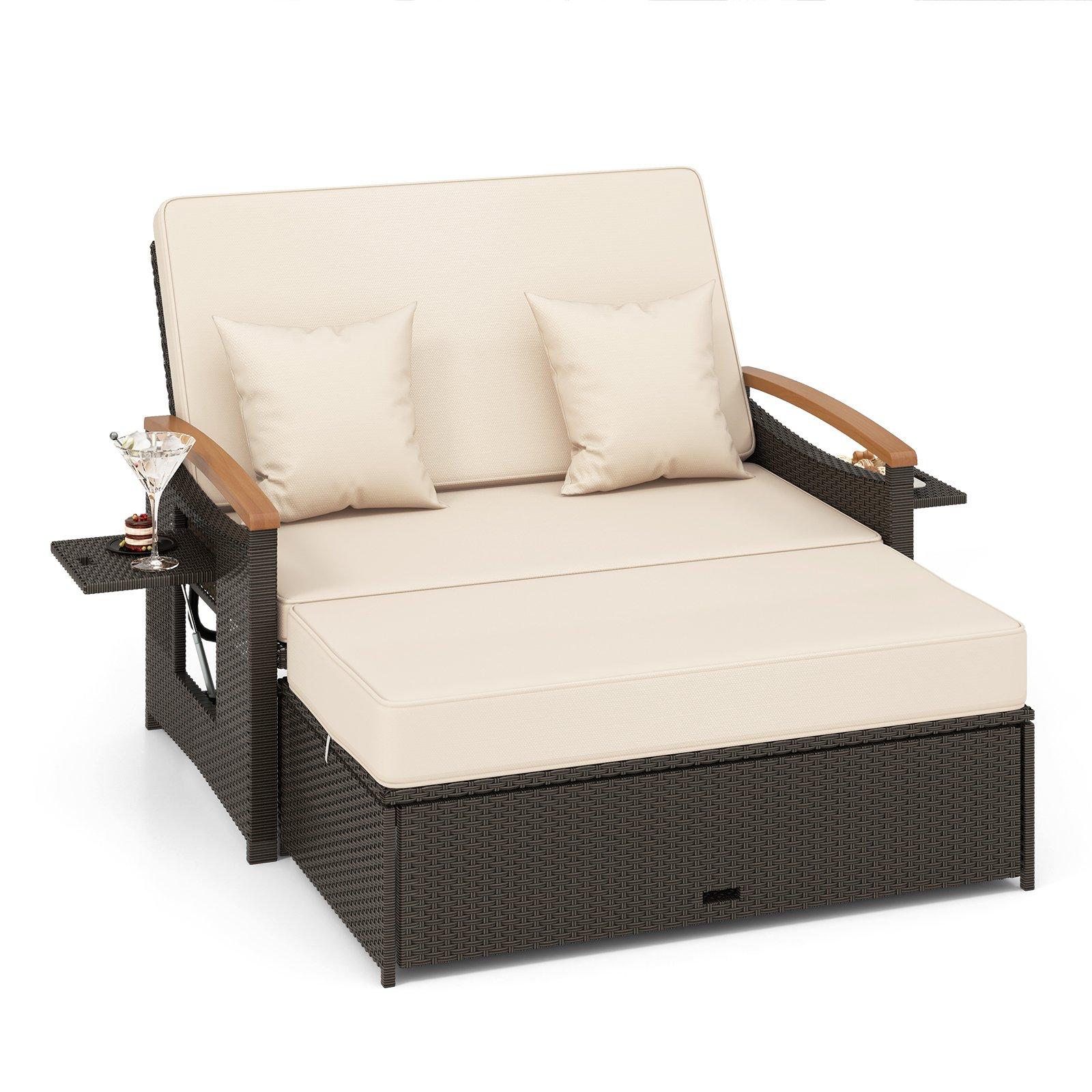 Outdoor Wicker Daybed Rattan Woven Loveseat with Folding Panels & Storage Ottoman