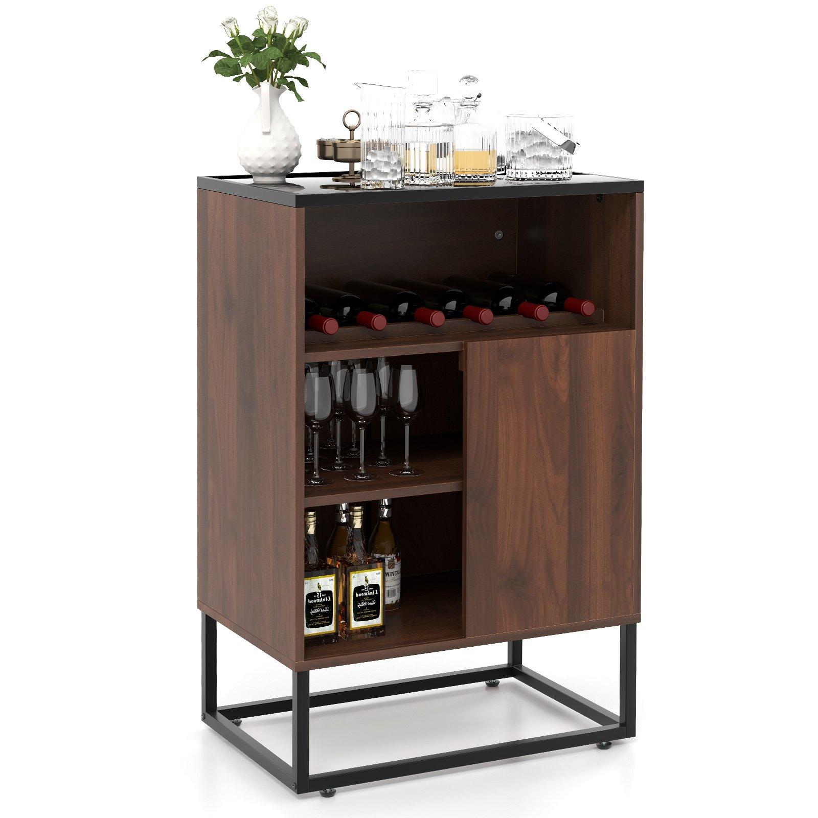 Wood Wine Cabinet Rack Kitchen Storage Cabinet W/ Adjustable Shelf &Sliding Door