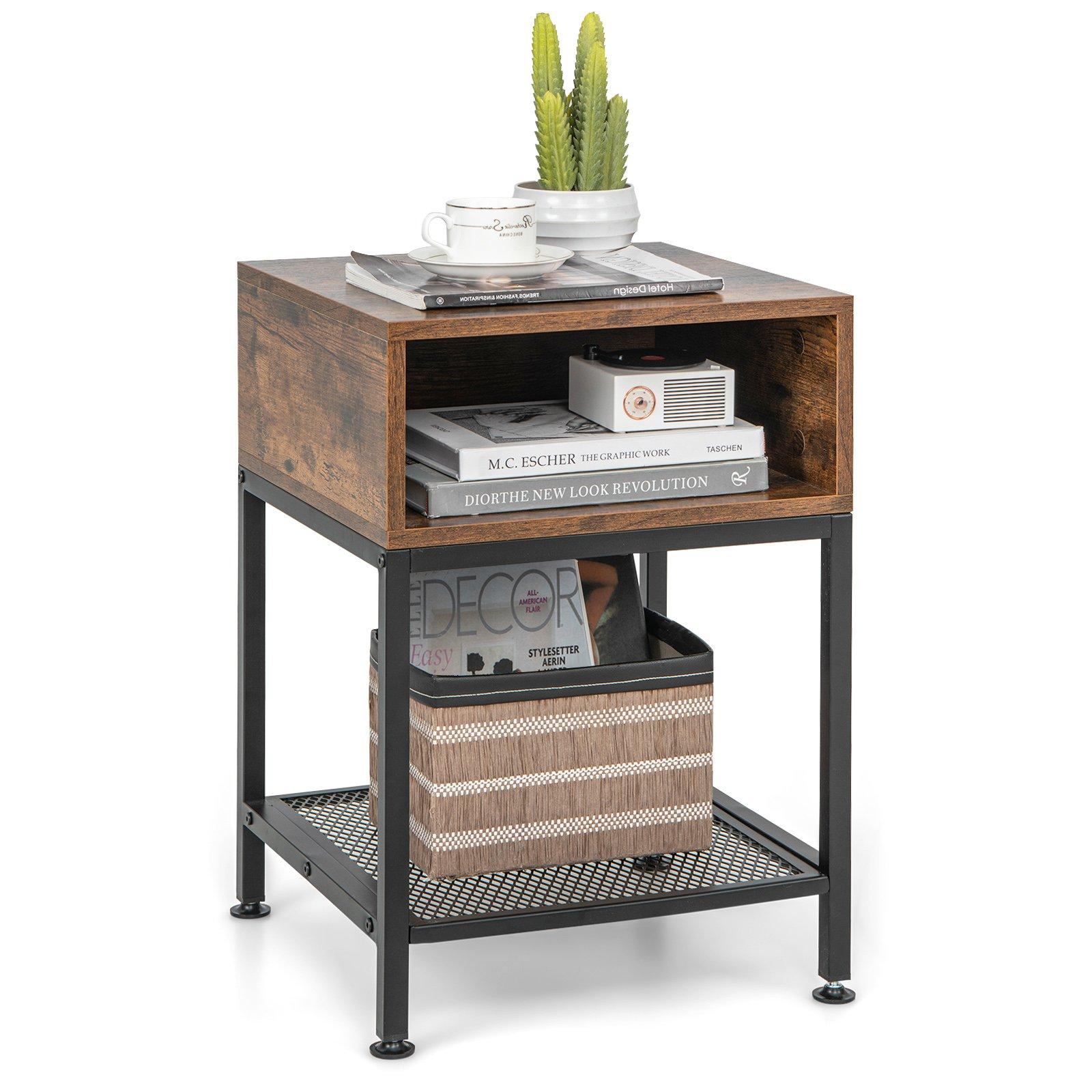 40cm Wood Top End Table w/ Metal Frame 3-tier Square Side Table w/ Storage Cube & Mesh Shelf